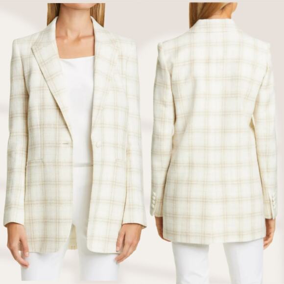 Lafayette 148 Blazer White Plaid Cream Italian‎ Tweed Wool Linen Suit Jacket US2 - Picture 1 of 13